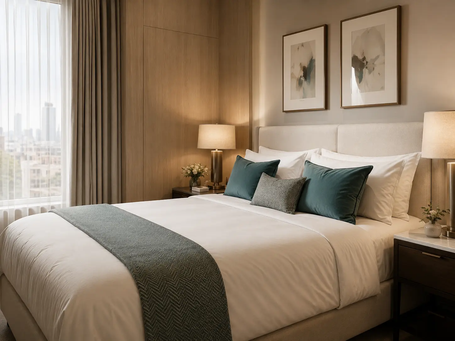 A neatly prepared bedroom in a modern London apartment